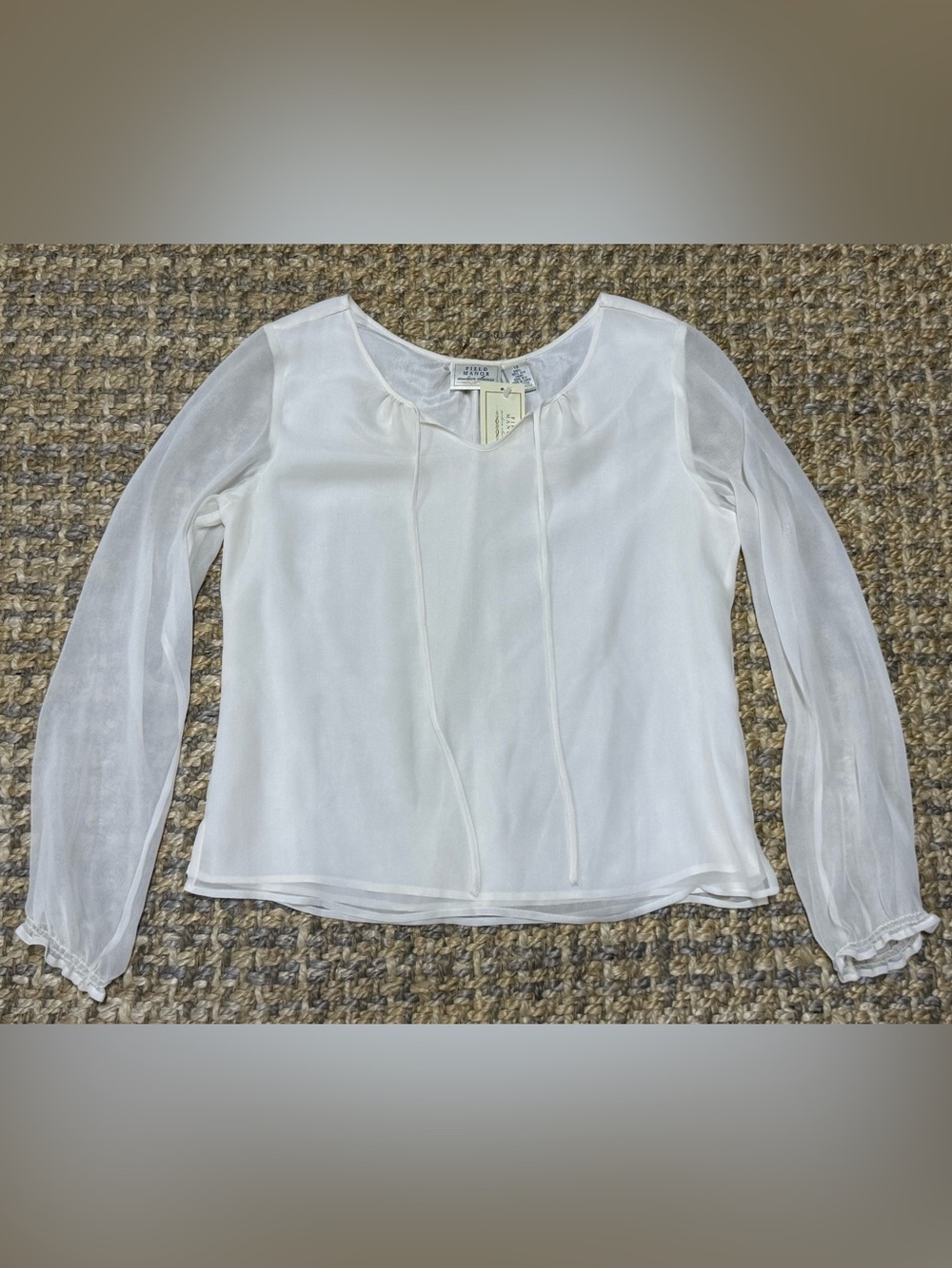 Vintage 100% Silk Semi-Sheer Ivory Long-Sleeve Blouse